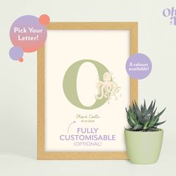 octopus initial baby nursery print, octopus nursery decor, octopus children's print, octopus illustration, under the sea