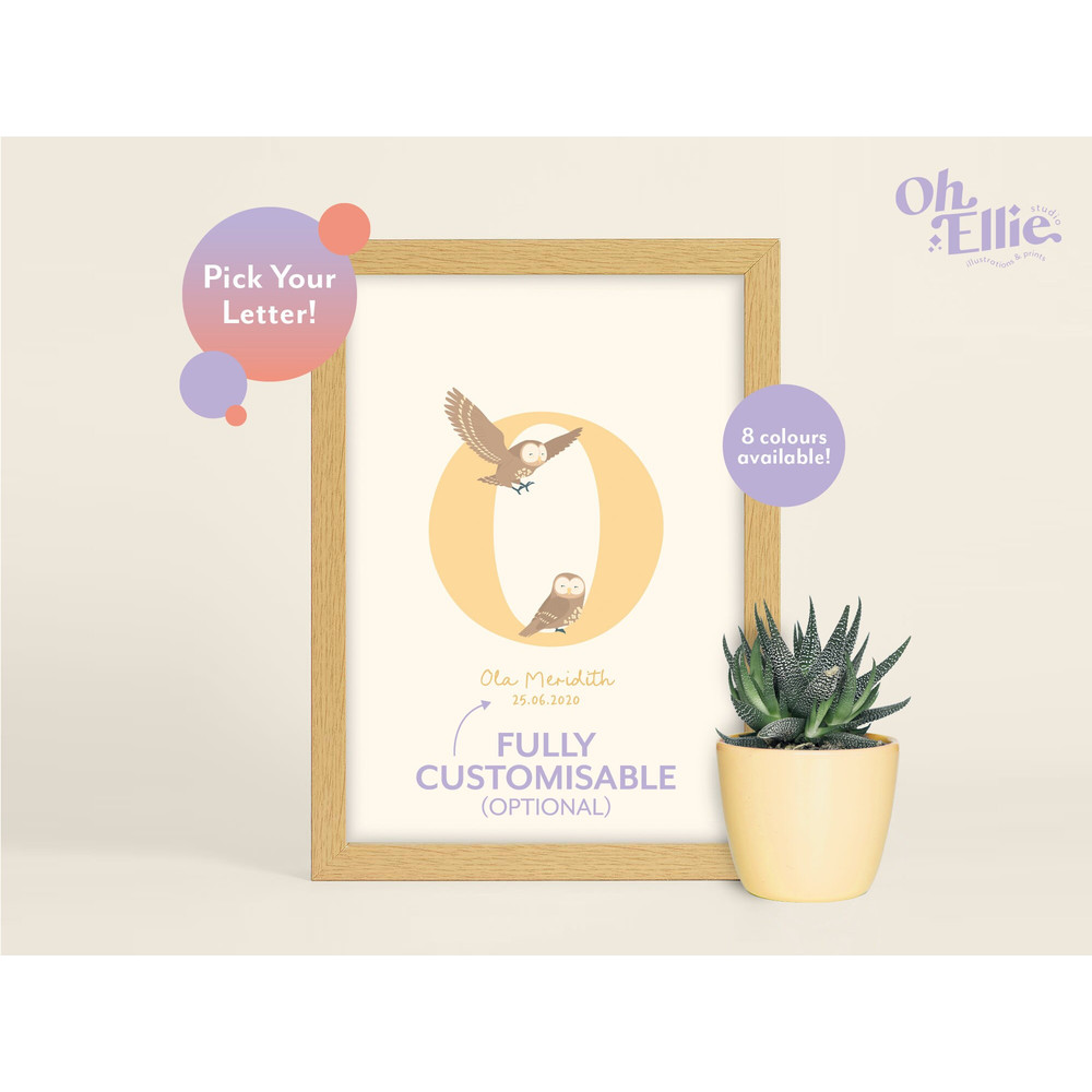 Owl Initial Baby Nursery Print, Owl Nursery Decor, Owl Children's Print, Owl Illustration, Personalised New Baby Print, Baby Name Letter.jpg