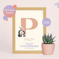 panda initial baby nursery print, panda nursery decor, children's panda print, panda illustration, personalised new baby