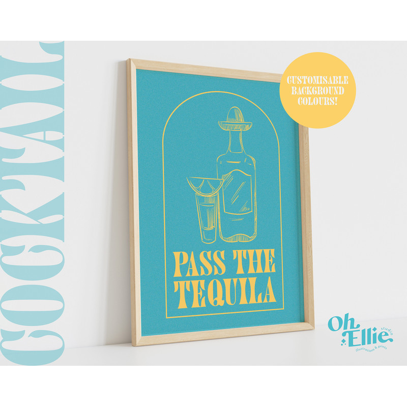 Pass The Tequila, Custom Alcohol Print, Happy Hour, Bar Cart Print, Retro Illustration, Kitchen Decor, Tequila Shot, Party, Drinks Print 1.jpg