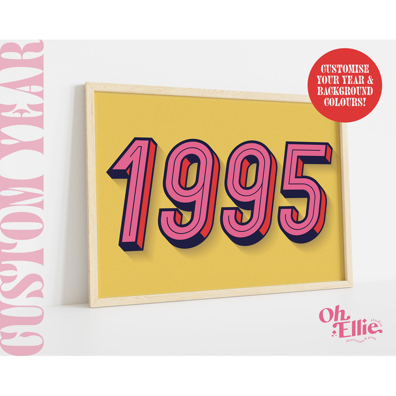 Personalised Year Typographic Wall Print, Bespoke Custom Date Text, Wall Art, Retro Art, Birthday Anniversary Wedding Baby Gift, Birth Year 1.jpg
