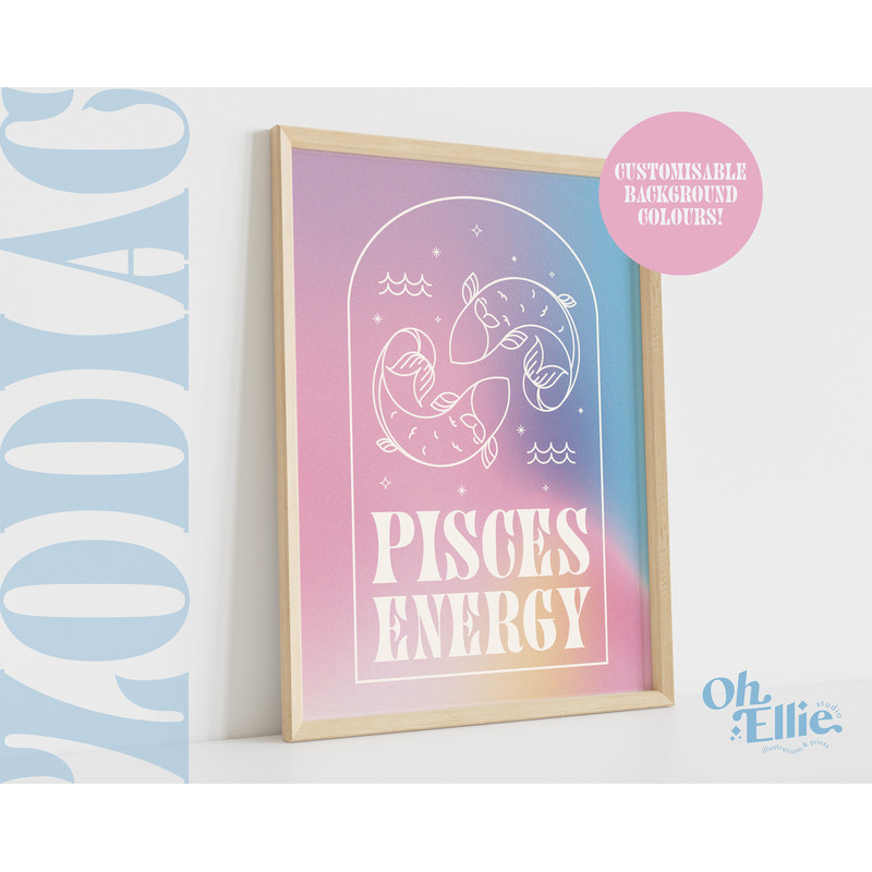 Pisces Energy Zodiac Art Print, Astrology Poster, Zodiac Star Sign Wall Art, Typographic Print, Retro Illustration, Birthday Gift, Horoscope.jpg