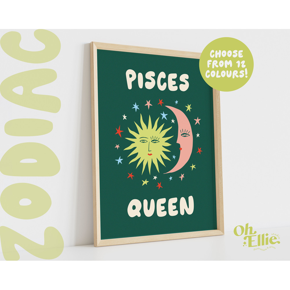 Pisces Queen King, Zodiac Art Print, Astrology Poster, Star Sign Wall Art, Typographic Print, Retro Illustration, Pisces Energy, Horoscope 1.jpg