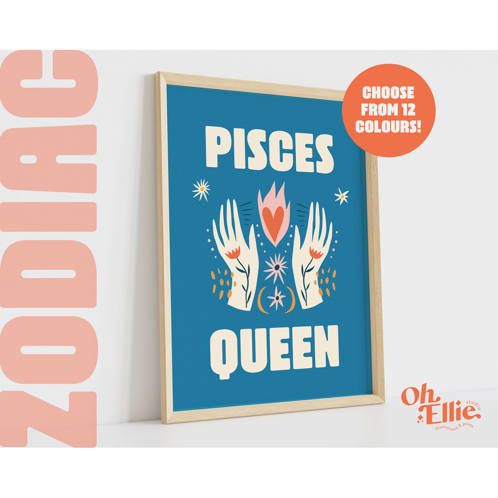 Pisces Queen King, Zodiac Art Print, Astrology Poster, Star Sign Wall Art, Typographic Print, Retro Illustration, Pisces Energy, Horoscope 3.jpg