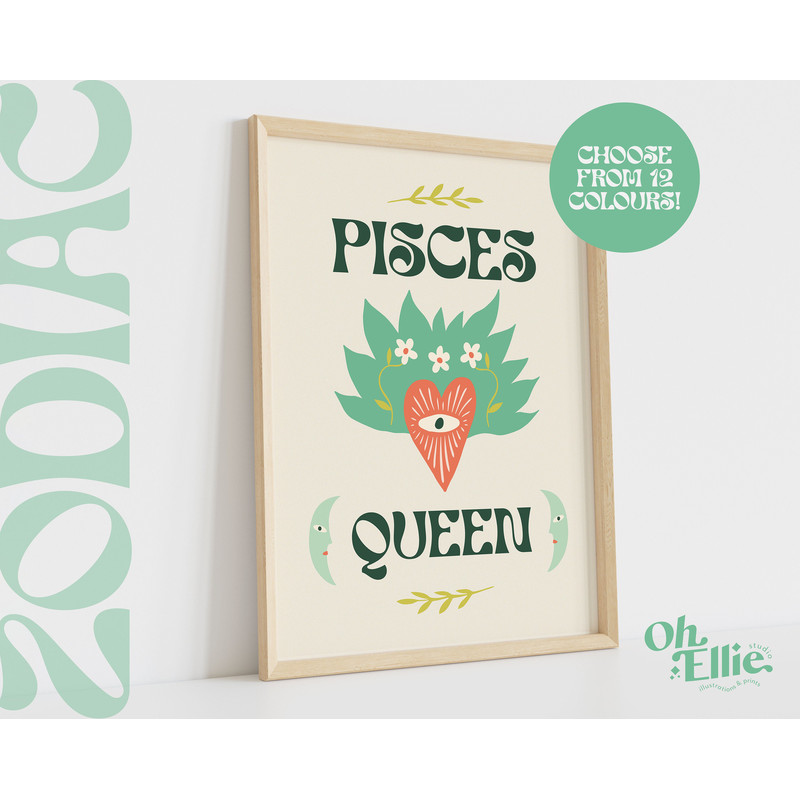 Pisces Queen King, Zodiac Art Print, Astrology Poster, Star Sign Wall Art, Typographic Print, Retro Illustration, Pisces Energy, Horoscope 4.jpg