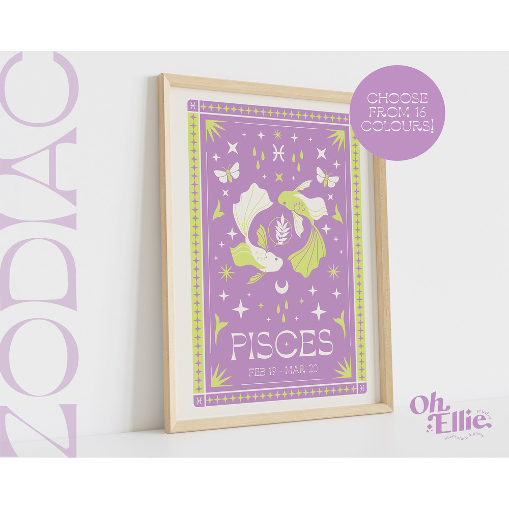 Pisces Tarot Card Style Zodiac Print, Astrology Poster, Star Sign Wall Art, Typographic Print, Retro Illustration, Birthday Gift, Horoscope.jpg