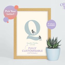 quail initial baby nursery print, quail nursery decor, children's quail print, quail illustration, personalised new baby