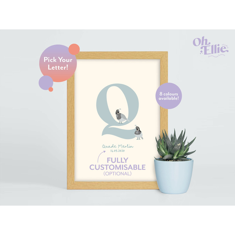 Quail Initial Baby Nursery Print, Quail Nursery Decor, Children's Quail Print, Quail Illustration, Personalised New Baby Print, Bird Print.jpg