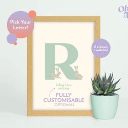 rabbit initial baby nursery print, rabbit nursery decor, children's rabbit print, rabbit illustration, personalised new