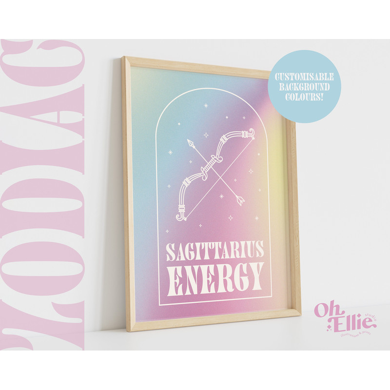Sagittarius Energy Zodiac Art Print, Astrology Poster, Star Sign Wall Art, Typographic Print, Retro Illustration, Birthday Gift, Horoscope.jpg