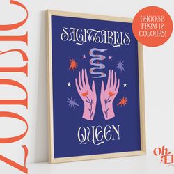 sagittarius queen king, zodiac art print, astrology poster, star sign wall art, typographic print, retro illustration, e