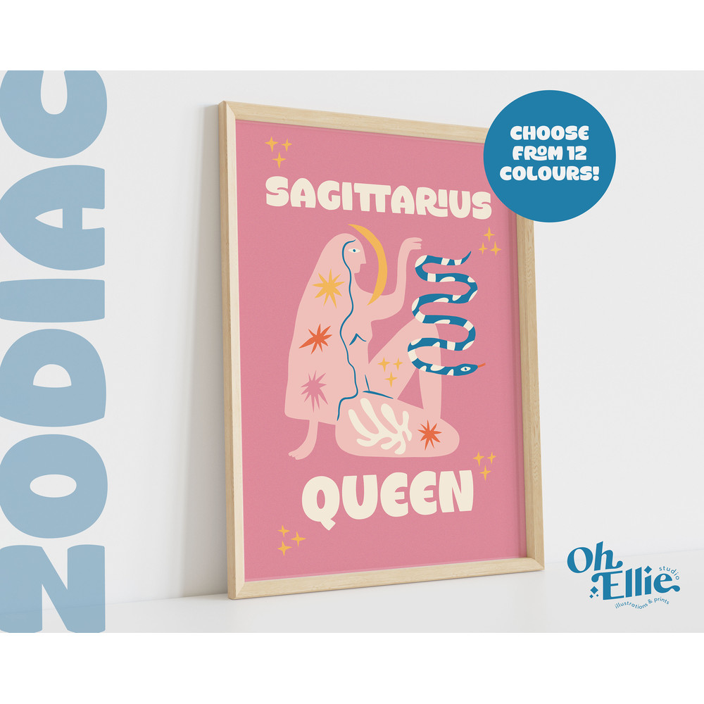 Sagittarius Queen King, Zodiac Art Print, Astrology Poster, Star Sign Wall Art, Typographic Print, Retro Illustration, Energy, Horoscope 2.jpg
