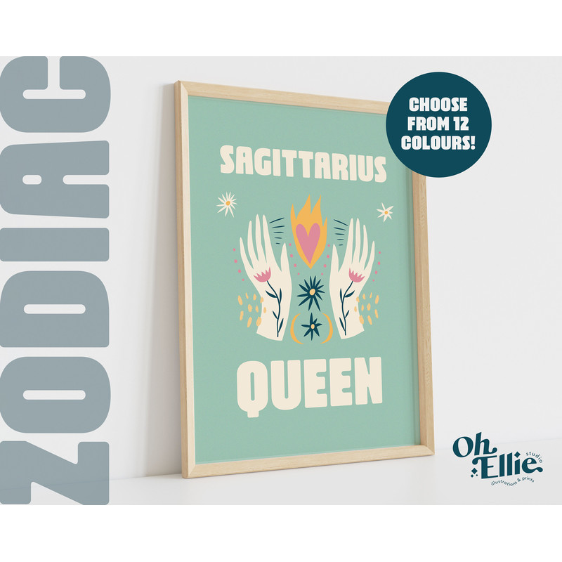 Sagittarius Queen King, Zodiac Art Print, Astrology Poster, Star Sign Wall Art, Typographic Print, Retro Illustration, Energy, Horoscope 3.jpg
