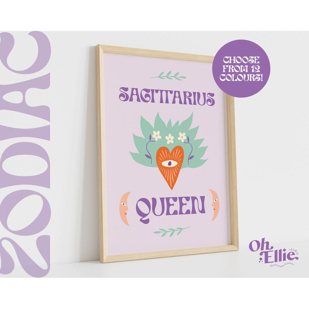 Sagittarius Queen King, Zodiac Art Print, Astrology Poster, Star Sign Wall Art, Typographic Print, Retro Illustration, Energy, Horoscope 4.jpg