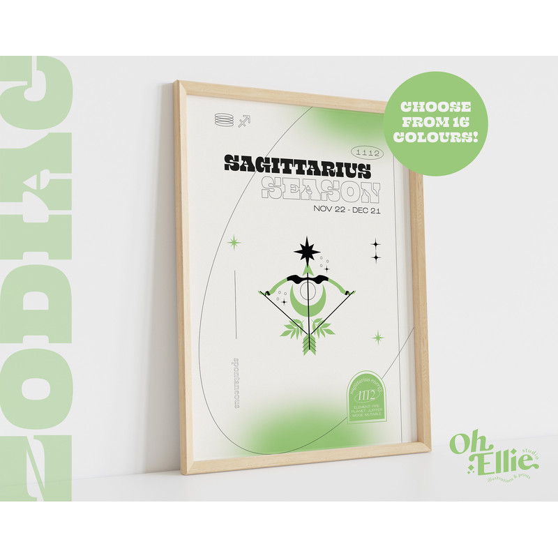 Sagittarius Season Zodiac Art Print, Astrology Poster, Star Sign Wall Art, Typographic Print, Retro Illustration, Birthday Gift, Horoscope.jpg