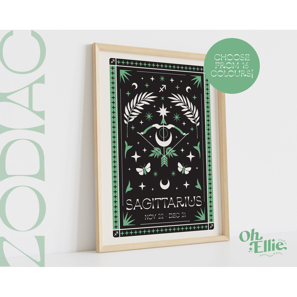 Sagittarius Tarot Card Style Zodiac Print, Astrology Poster, Star Sign Wall Art, Typographic, Retro Illustration, Birthday Gift, Horoscope.jpg