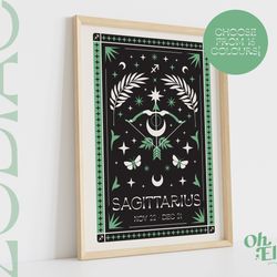 sagittarius tarot card style zodiac print, astrology poster, star sign wall art, typographic, retro illustration, birthd