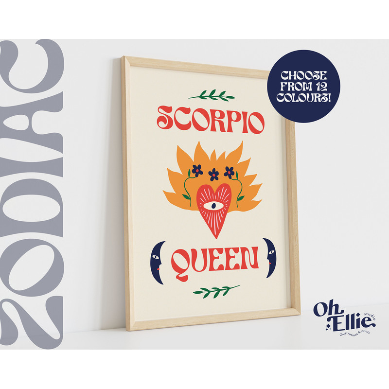 Scorpio Queen King, Zodiac Art Print, Astrology Poster, Star Sign Wall Art, Typographic Print, Retro Illustration, Scorpio Energy, Horoscope 2.jpg