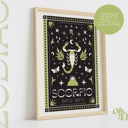 scorpio tarot card style zodiac print, astrology poster, star sign wall art, typographic print, retro illustration, birt