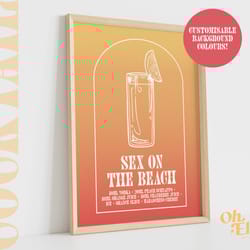 sex on the beach cocktail, custom alcohol print, happy hour, bar cart print, retro illustration, kitchen decor, bar deco