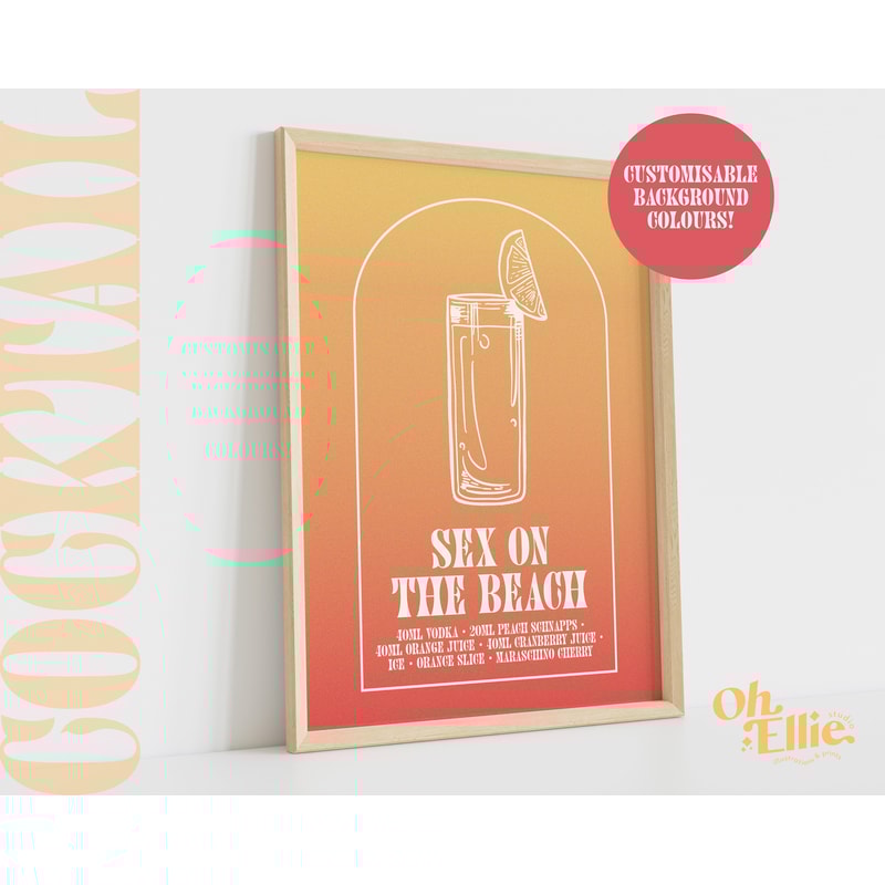 Sex On The Beach Cocktail, Custom Alcohol Print, Happy Hour, Bar Cart Print, Retro Illustration, Kitchen Decor, Bar Decor, Drinks Print.jpg