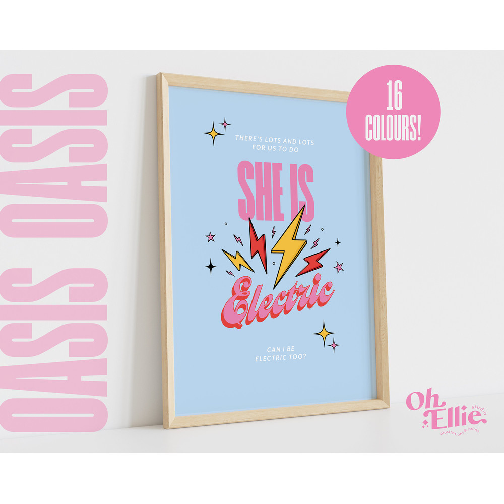 She's Electric Print, Oasis Poster, Indie Rock Wall Art, Typographic Music Print, Lyric Quote, Liam Noel Gallagher, Wonderwall, Supersonic.jpg
