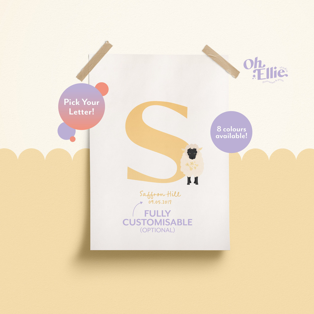 Sheep Initial Baby Nursery Print, Sheep Nursery Decor, Children's Sheep Print, Personalised New Baby Print, Sheep Illustration, Baby Letter.jpg