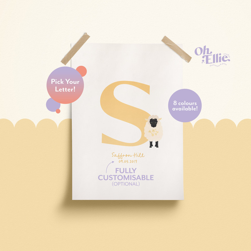 Sheep Initial Baby Nursery Print, Sheep Nursery Decor, Children's Sheep Print, Personalised New Baby Print, Sheep Illustration, Baby Letter.jpg