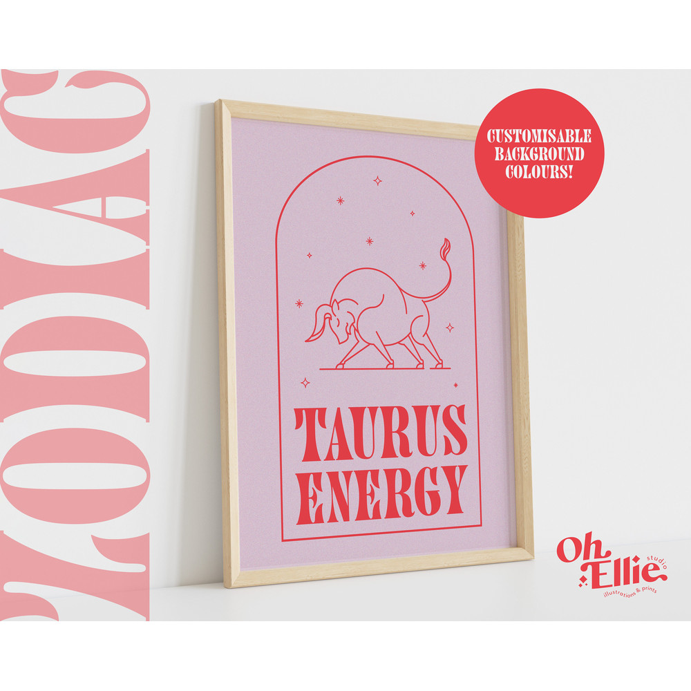 Taurus Energy Zodiac Art Print, Astrology Poster, Zodiac Star Sign Wall Art, Typographic Print, Retro Illustration, Birthday Gift, Horoscope.jpg