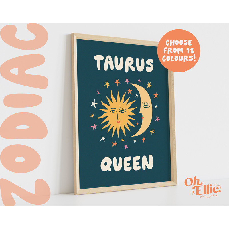 Taurus Queen King, Zodiac Art Print, Astrology Poster, Star Sign Wall Art, Typographic Print, Retro Illustration, Taurus Energy, Horoscope 1.jpg