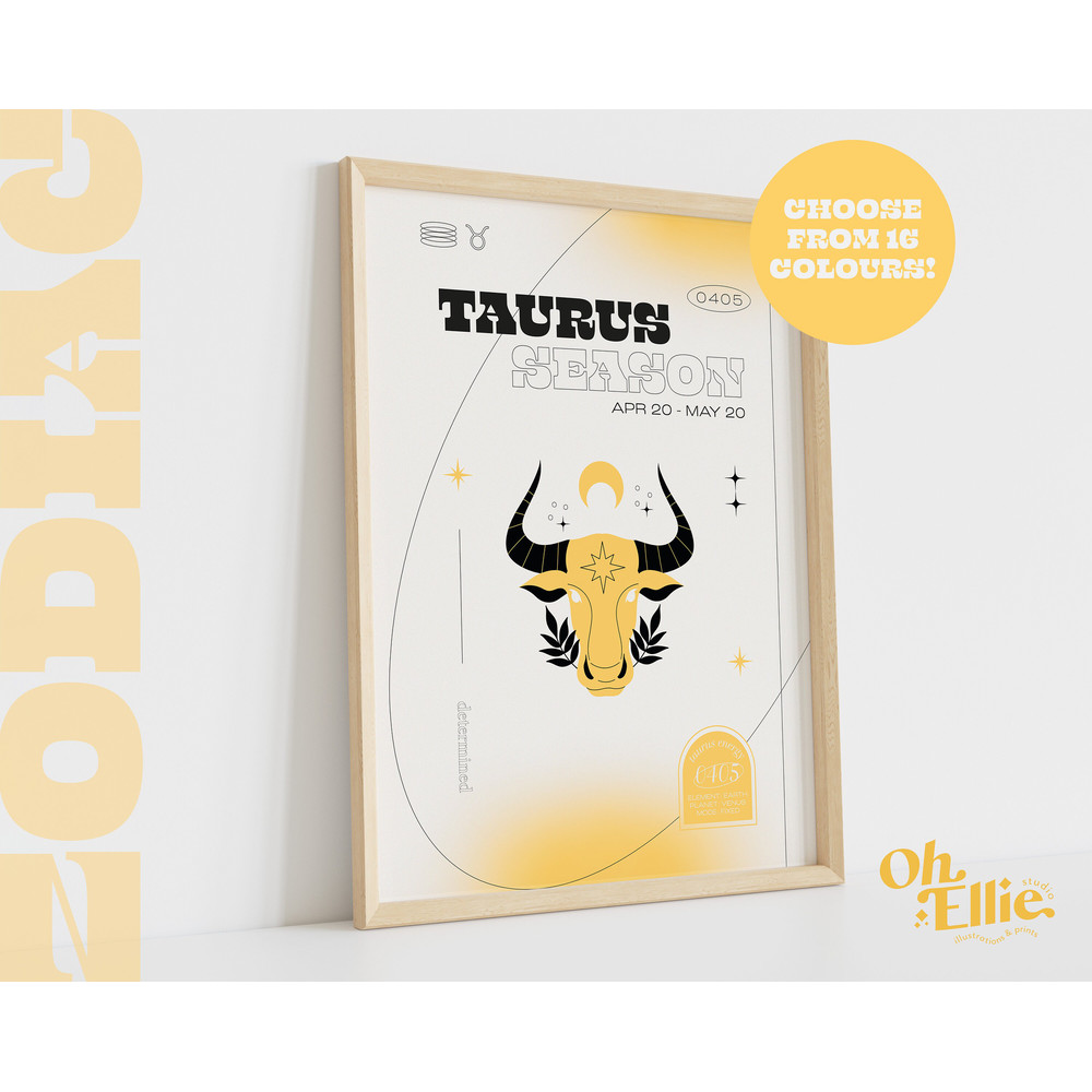 Taurus Season Zodiac Art Print, Astrology Poster, Zodiac Star Sign Wall Art, Typographic Print, Retro Illustration, Birthday Gift, Horoscope.jpg