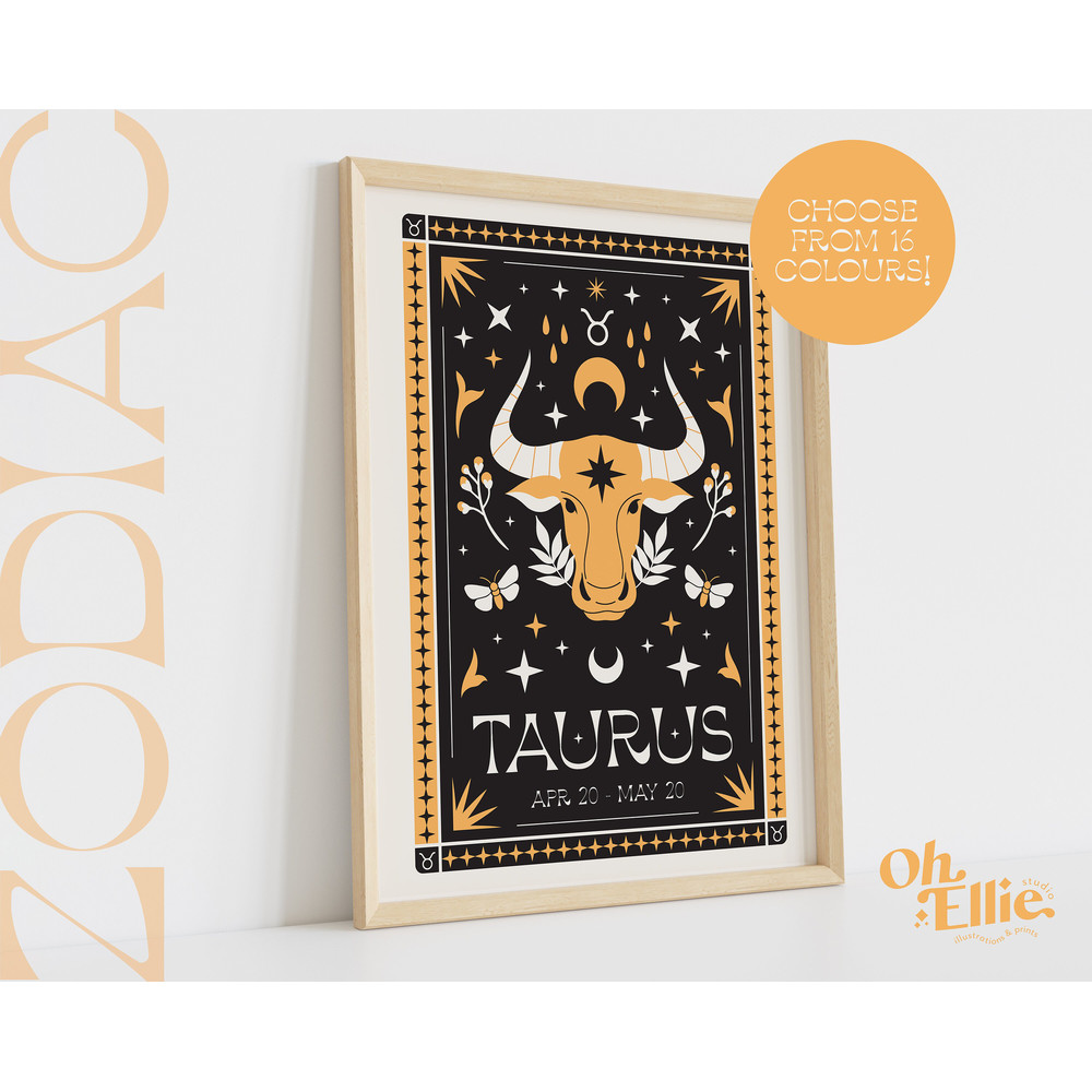 Taurus Tarot Card Style Zodiac Print, Astrology Poster, Star Sign Wall Art, Typographic Print, Retro Illustration, Birthday Gift, Horoscope.jpg