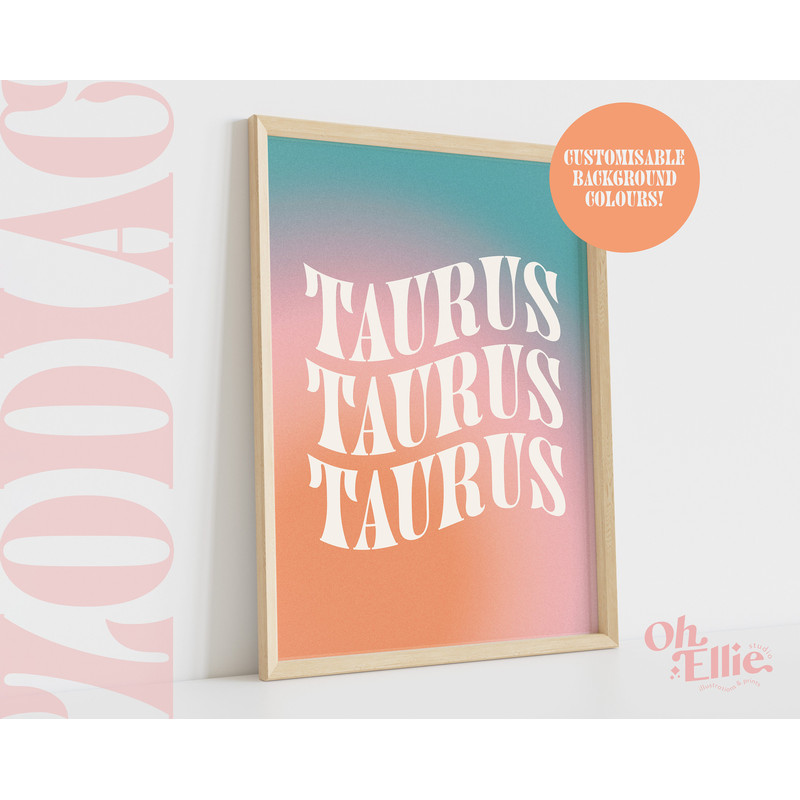 Taurus Zodiac Art Print, Astrology Poster, Zodiac Star Sign Wall Art, Typographic Print, Retro Illustration, Birthday Gift, Horoscope Decor.jpg