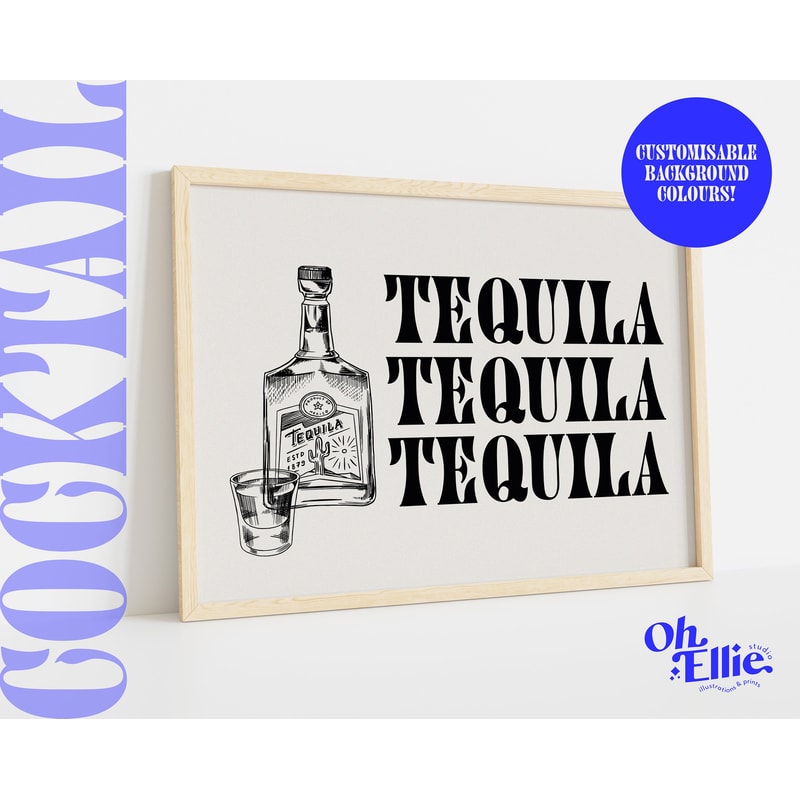 Tequila Print, Custom Alcohol Print, Happy Hour, Bar Cart Print, Retro Illustration, Kitchen Decor, Tequila Shot, Bar Decor, Drinks Print.jpg
