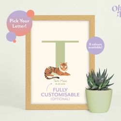 tiger initial baby nursery print, tiger nursery decor, children's tiger print, tiger illustration, personalised new baby