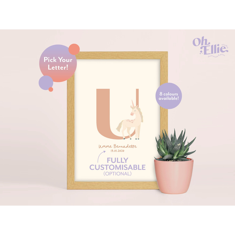 Unicorn Initial Baby Nursery Print, Unicorn Nursery Decor, Children's Unicorn Print, Unicorn Illustration, Personalised New Baby Print.jpg