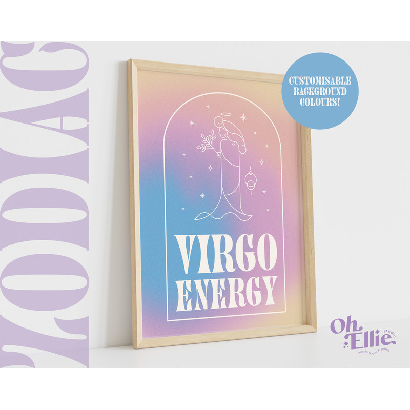 Virgo Energy Zodiac Art Print, Astrology Poster, Zodiac Star Sign Wall Art, Typographic Print, Retro Illustration, Birthday Gift, Horoscope.jpg