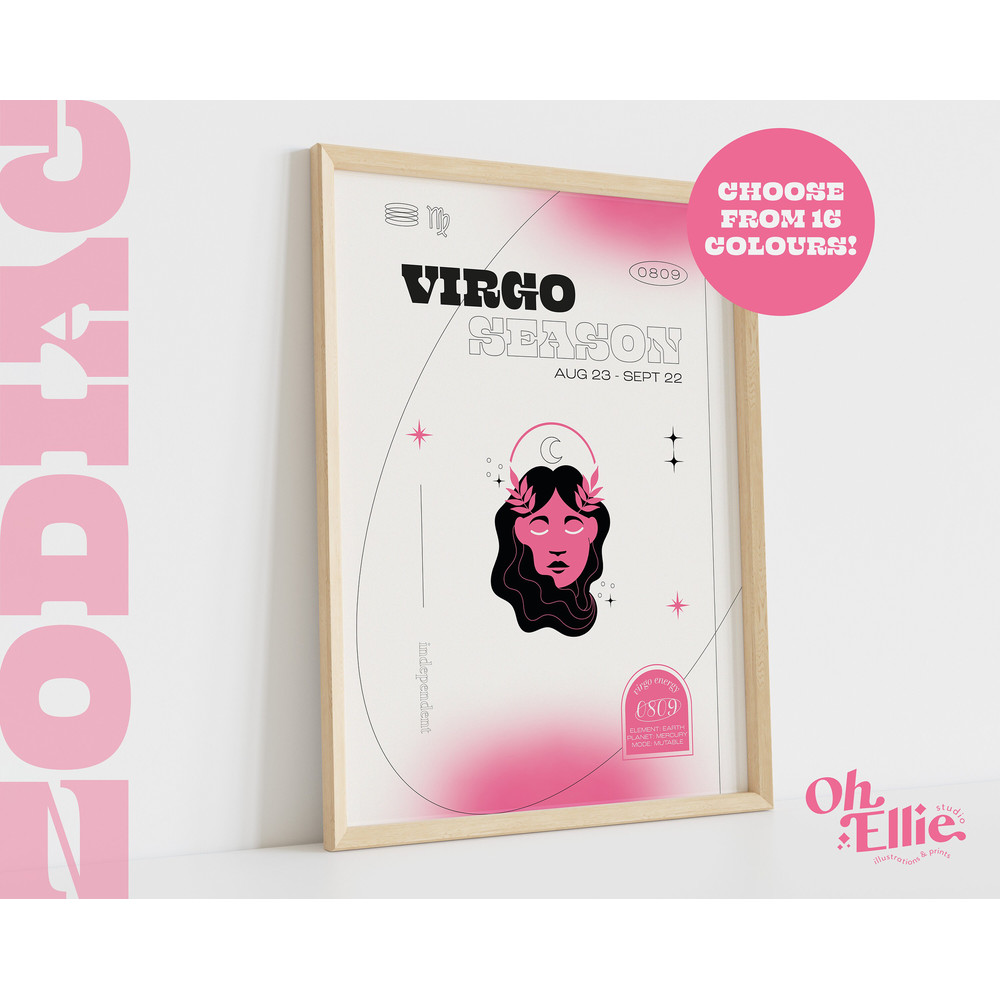 Virgo Season Zodiac Art Print, Astrology Poster, Zodiac Star Sign Wall Art, Typographic Print, Retro Illustration, Birthday Gift, Horoscope.jpg