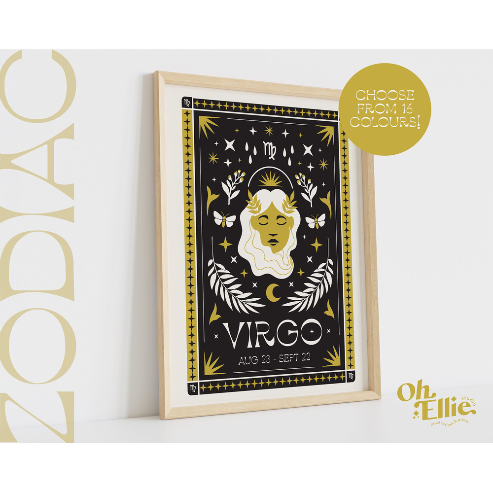 Virgo Tarot Card Style Zodiac Print, Astrology Poster, Star Sign Wall Art, Typographic Print, Retro Illustration, Birthday Gift, Horoscope.jpg