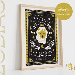 virgo tarot card style zodiac print, astrology poster, star sign wall art, typographic print, retro illustration, birthd