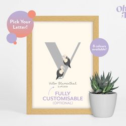vulture initial baby nursery print, vulture nursery decor, children's bird print, bird illustration, personalised new ba
