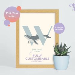 whale initial baby nursery print, whale nursery decor, children's whale print, whale illustration, personalised new baby