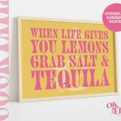 when life gives you lemons quote, custom alcohol print, happy hour, bar cart print, retro illustration, kitchen decor, t