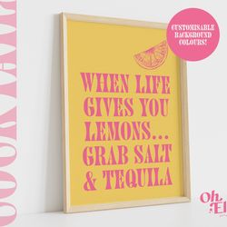 when life gives you lemons quote, custom alcohol print, happy hour, bar cart print, retro illustration, kitchen decor, t