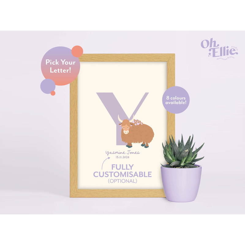 Yak Initial Baby Nursery Print, Yak Nursery Decor, Children's Yak Print, Yak Illustration, Personalised New Baby Print, Yak Print.jpg