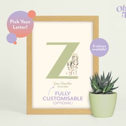 zebra initial baby nursery print, zebra nursery decor, children's zebra print, zebra illustration, personalised new baby