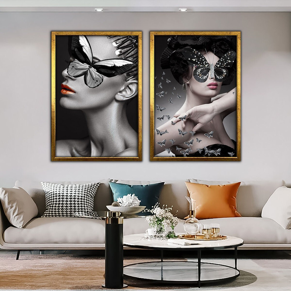 2-piece woman painting, woman with butterfly canvas, masked woman painting, hairdressing salon decor, ready to hang.jpg