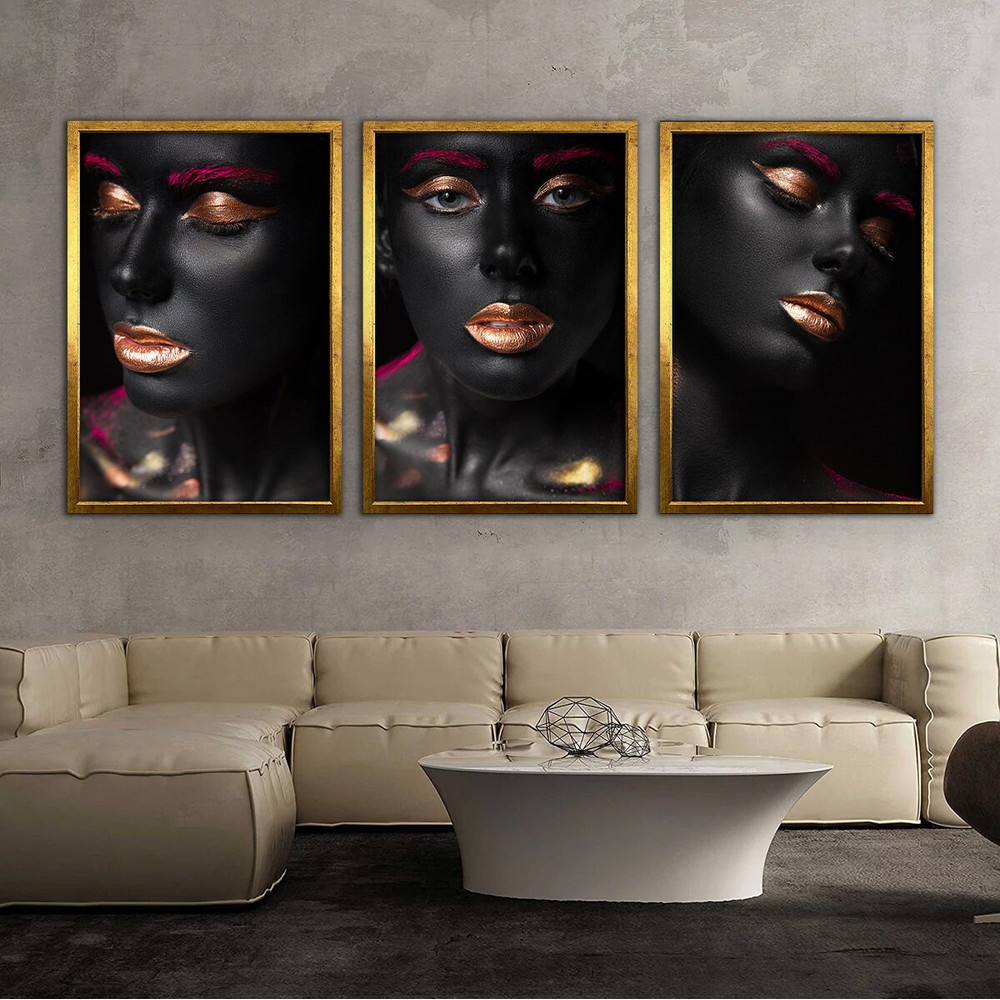3-piece african woman painting, framed black woman home decor, ethnic woman decor, 3 panel canvas, large canvas home decor.jpg