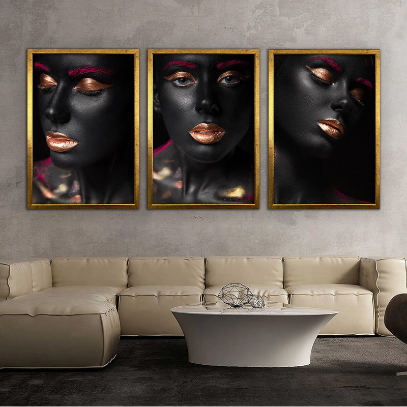 3-piece african woman painting, framed black woman home decor, ethnic woman decor, 3 panel canvas, large canvas home decor.jpg