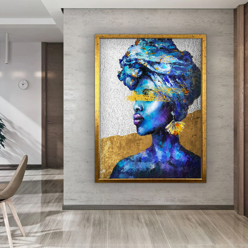 Abstract African woman canvas, gold detailed black woman painting, abstract ethnic woman wall art, african home decor.jpg